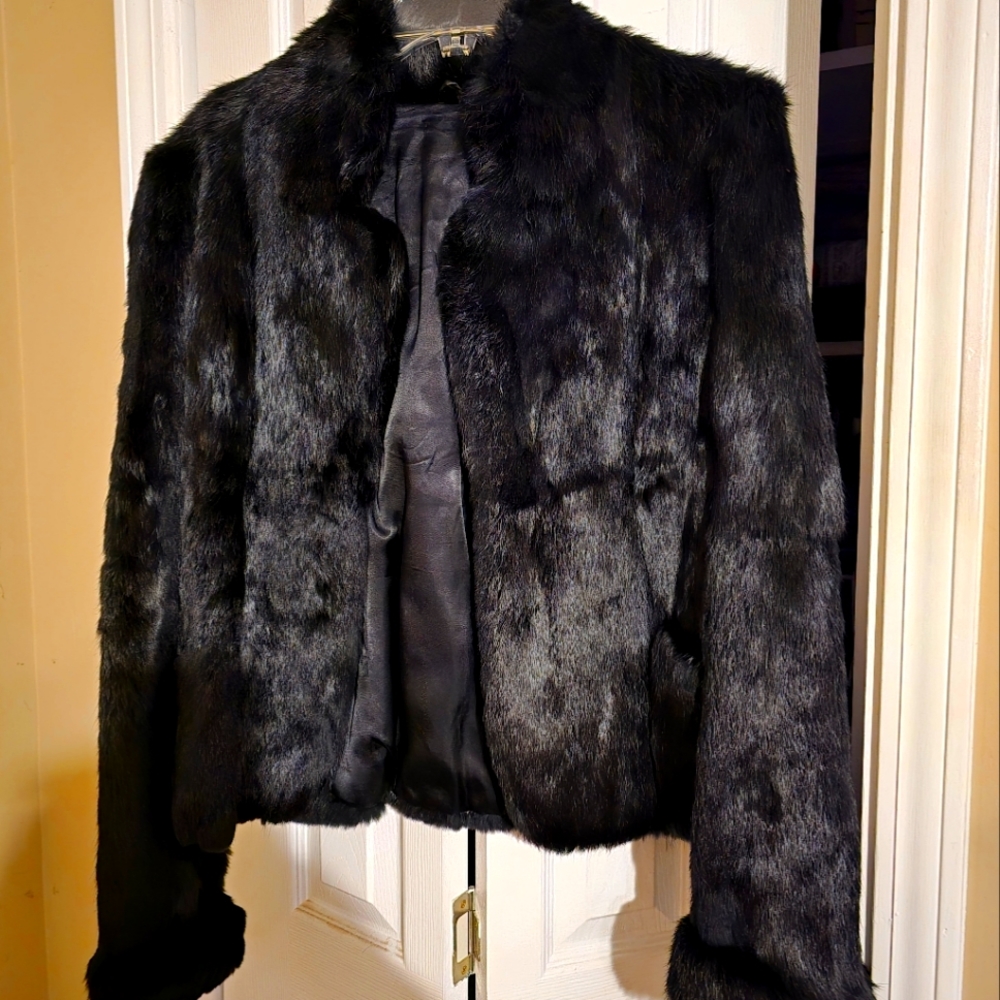 VTG 80's Glam Silky Black Rabbit Lined Fur Jacket with pockets
